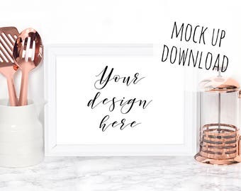 Horizontal Frame Mockup in Kitchen Setting, Kitchen Frame Mock Up Photography, White Landscape Frame Stock Photo, Copper Kitchen Props