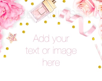 Pretty Pink Stock Photography, Girly Styled Photo, Pink Flowers and Props, Pretty Flat Lay Stock Photograph, Commercial Use