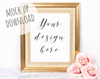 Pretty Gold Frame Mock Up Styled Scene, 8x10 Frame Photography With Pink Roses