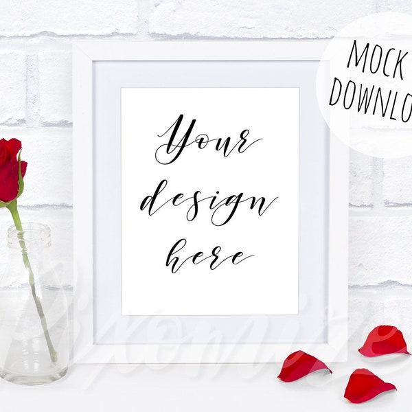 Valentines Frame Mockup, Valentines Day Mock Up, White 8x10 Frame Photography, Styled Stock Photograph, Red Roses Valentines Frame Mock Up