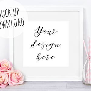 Square Frame Mock Up, Pretty Pink and White Frame Mockup Photography, Styled Stock Photo