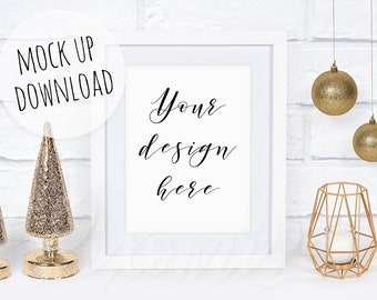 White Christmas Frame Mockup With Gold Props, Festive Frame Mock Up, 8x10 White Frame Mockup Photograph, Gold Christmas Mockup Stock Photo