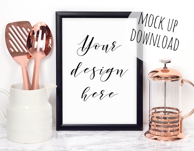 Kitchen Frame Mockup Black Frame with Copper Utensils
