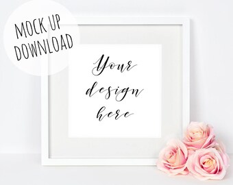 Pretty Square Frame Mockup Photograph, White Frame Mock Up Styled With Pink Flowers