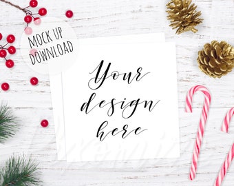 Christmas Square Card Mockup, Square Card Mock Up Photography, Christmas Styled Stock Photo, Festive Flat Lay Image With Square Card
