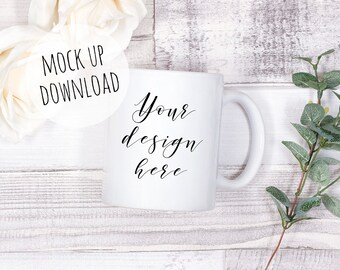 Elegant Mug Mockup Styled Photography, White Mug Mock Up Stock Photo, Rustic Wooden Background