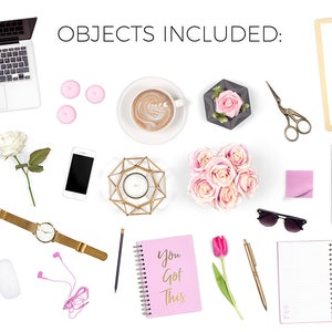 Feminine Desk Scene Creator, Desk Flat Lay Styled Stock Photography, Pink and Gold Mockups, Pretty Scene Creator With Movable Objects image 5