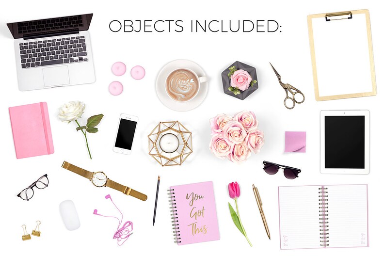 Feminine Desk Scene Creator, Desk Flat Lay Styled Stock Photography, Pink and Gold Mockups, Pretty Scene Creator With Movable Objects image 5