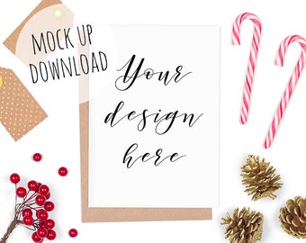 Christmas Mockup Photo, Christmas Card Mock Up, Card Mockup Photography, Christmas Flat Lay Stock Photos, Styled Card Mockup Template