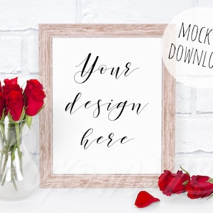 Valentines Frame Mockup, Wooden 8x10 Frame Mock Up, Valentines Stock Photography, Rustic Mockup Styled with Red Roses, Valentines Day Photo