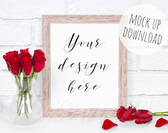 Valentines Frame Mockup, Wooden 8x10 Frame Mock Up, Valentines Stock Photography, Rustic Mockup Styled with Red Roses, Valentines Day Photo