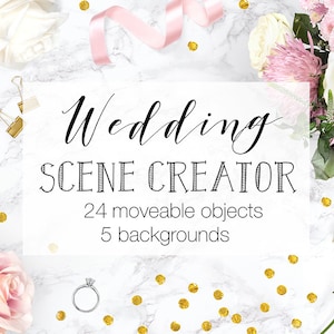 May include: Wedding Scene Creator with 24 movable objects and 5 backgrounds. The image shows a white marble background with pink and white roses, gold confetti, a pink ribbon, and a silver ring.