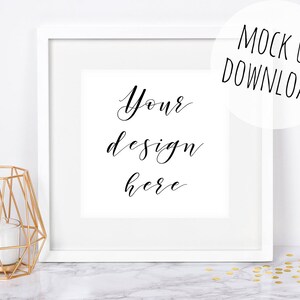 White Square Frame Mockup, Styled Photo with Gold Props, Modern Frame Photography Scene
