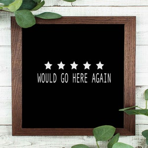 May include: A framed black sign with white text and five white stars. The text reads "WOULD GO HERE AGAIN". The frame is a dark brown color, and the background is a white wood panel.