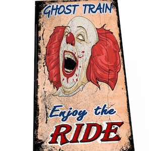 Geisterbahn-Weinlese-Rummelplatz-Karneval-Schild, Retro-Vintage-Stil, Vergnügungspark, Geisterbahn-Fahrt-Schild, Spukhaus-Fahrt-Schild
