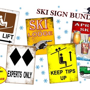 Peut inclure: Ensemble de panneaux de ski de style vintage, avec des inscriptions telles que "Ski Lift", "Ski Lodge" et "Après Ski". Les panneaux présentent des illustrations de skieurs, de télésièges et de cocktails. Les couleurs sont le jaune, le marron, le rouge et le blanc.