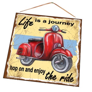 Retro Scooter Sign Aged Effect Wall Plaque Sign Vintage Style Scooter Sign 20cm x 20cm Printed on Aluminium