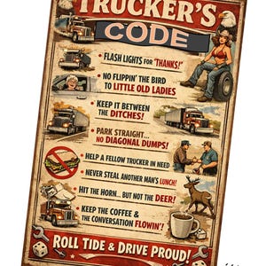 Könnte beinhalten: Ein rechteckiges Metallschild mit dem Titel TRUCKER'S CODE, das Abbildungen von Lastwagen, einer Person, einem Hirsch und einer Kaffeetasse zeigt. Der Text listet Regeln wie FLASH LIGHTS FOR THANKS, KEEP IT BETWEEN THE DITCHES und ROLL TIDE & DRIVE PROUD auf, in einem gealterten Design.