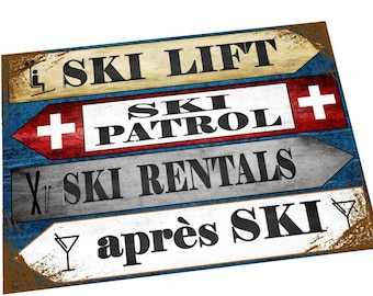 Ski Sign Retro Vintage Skiing Sign Ski Lift, Ski Patrol, Ski Rentals Ski Resort Sign