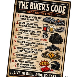 Może przedstawiać: Prostokątny metalowy szyld z napisem The Biker's Code na postarzanym beżowym tle z czarnym tekstem. Zawiera osiem zasad dla motocyklistów, którym towarzyszą ilustracje samochodu, motocykla, dystrybutora paliwa, kufla piwa oraz kasku ochronnego.