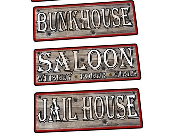 Cowboy Western Town Signs, Hotel, Jail, Bunkhouse Signs, Wild West Town Signs