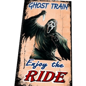 Geisterbahn-Weinlese-Rummelplatz-Karneval-Schild, Retro-Vintage-Stil, Vergnügungspark, Geisterbahn-Fahrt-Schild, Spukhaus-Fahrt-Schild