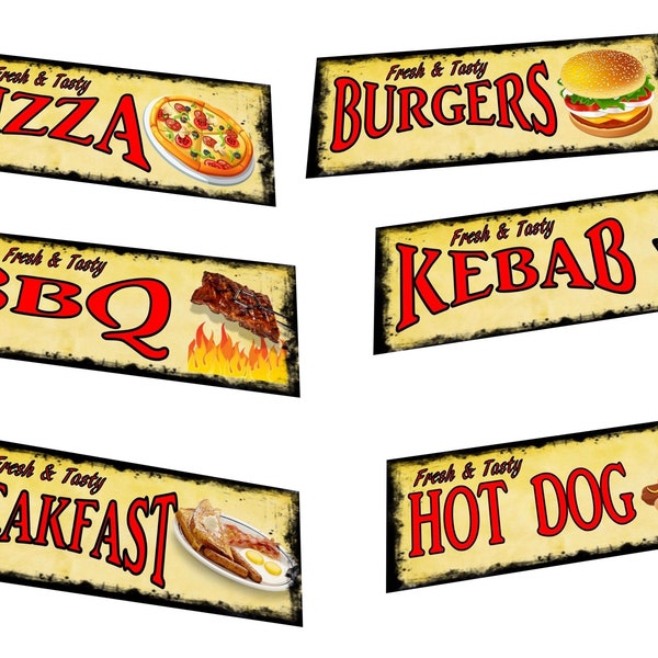 Vintage Café Sign Burgers Hot Dog Pizza Breakfast Kebab Metal Sign Retro American Diner Food Sign 10cm x 29cm Metal Food Sign