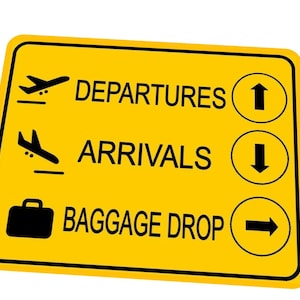 Cartello aeroporto divertente, riproduzione di novità, cartello lounge aeroporto, arrivi, partenze, check-in passaporti, cartelli per le vacanze in aeroporto