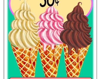 Peut inclure: Une enseigne de style vintage représentant trois cornets de glace aux saveurs vanille, fraise et chocolat. L'enseigne indique "ICE CREAM 50¢" en rouge au-dessus des cornets, avec le mot "DELICIOUS" en dessous. Le fond est turquoise.