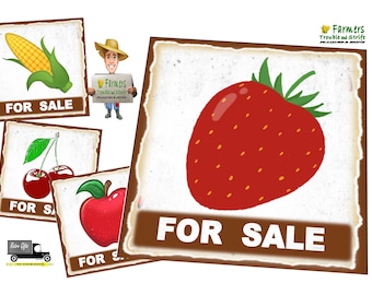 Letrero vintage de granja con frutas y verduras: placa metálica para pared con productos frescos