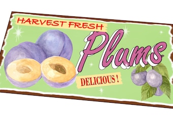 Plums Retro Style Sign Fresh Fruit Sign Metal Vintage Style Retro Greengrocers Sign