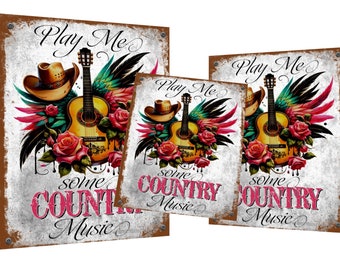 Vintage Retro Country Music Metal Wall Plaque Sign Play me some country music sign, western music sign, Country & Western Modern Repro Sign