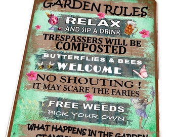 Gardeners Garden rules sign Novelty Rustic Hanging Fun Hanging Sign Wall Plaque Garden sign