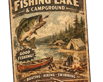 Pôster de parede em metal com lagos para pesca e área de camping, placa de pesca, placa de camping, pôster de aventura ao ar livre.