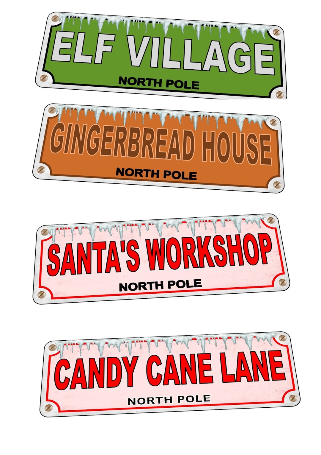 Christmas Signs Candy Cane Lane, Gingerbread House. Elf Street, Tree
