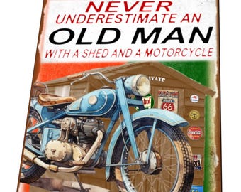 Vintage Old Man and Motorcycle Metal Sign, Shed, Workshop Motorcycle Sign, Old Biker Sign, Novelty Biker Gift, Mancave Motorcycle Tin Sign