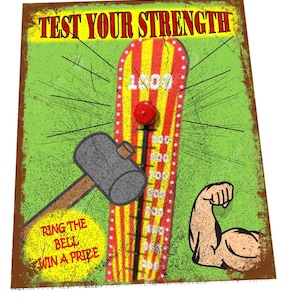 High Striker Fairground Machine Sign, Carnival Strength Tester, Fun Fair Strength Test Machine Sign, Vintage Carnival Metal Sign