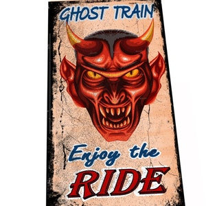 Geisterbahn-Weinlese-Rummelplatz-Karneval-Schild, Retro-Vintage-Stil, Vergnügungspark, Geisterbahn-Fahrt-Schild, Spukhaus-Fahrt-Schild