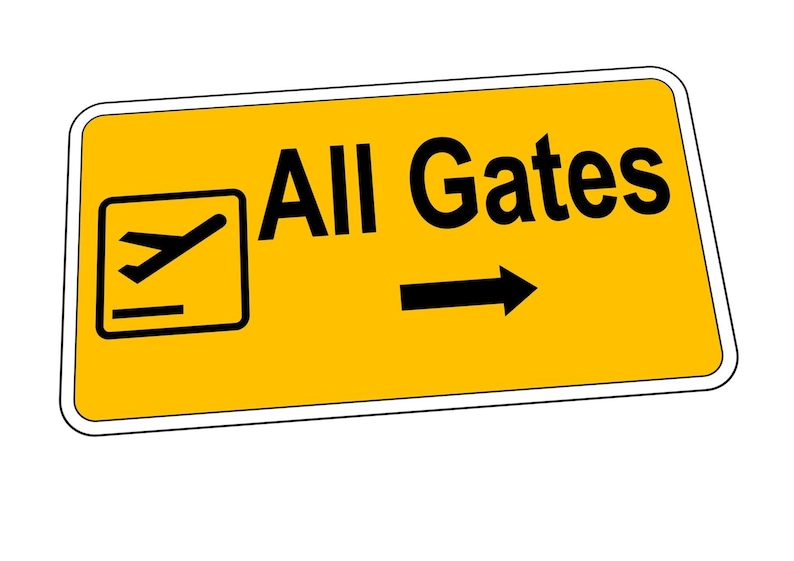 May include: Yellow sign with a white border and black text that reads "All Gates". A black airplane icon is in the top left corner and a black arrow pointing to the right is in the centre.
