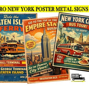 Vintage Style New York City Tourist Signs, Metal New York Poster Signs, Empire State Building, New York Bus Tour Poster Metal Signs