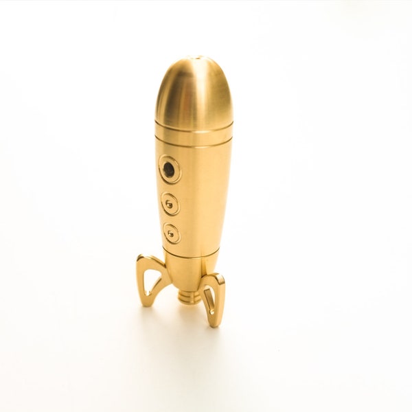 Brass Rocket Pipe 2.0, Unique all brass chillum smoking pipe, built-in poker, cleanable, unbreakable and screenless. Made in Hawaii, USA