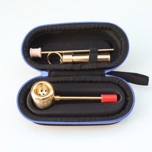 Aloha Punchbowl Gift Set Brass Cob Pipe w/ Pocket Case, Stash Tube, Stem Cleaner, All in One Compact Kit, 3.6oz Solid Machined Brass
