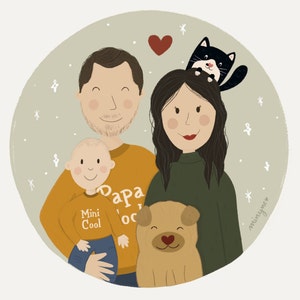 Family portrait poster, personalized illustration, personalized drawing, customizable poster, gift idea, animal portrait image 5