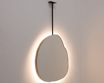 Illuminated Ergon™ Ceiling Suspended Organic Modern Mirror with Matte Black Frame