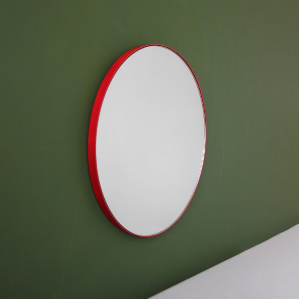 Orbis™ Modern Handcrafted Round Mirror with Red Frame, Customisable Colour