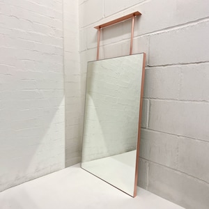 Quadris™ Ceiling Suspended Rectangular Modern Mirror with Brushed Copper Frame