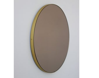 Orbis™ Round Bronze Tinted Minimalist Customisable Mirror with Brass Frame
