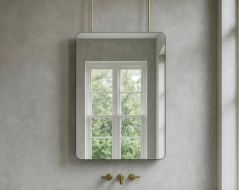 Quadris™ Modern Ceiling Hanging Suspended Rectangular Mirror with Brushed Brass Frame