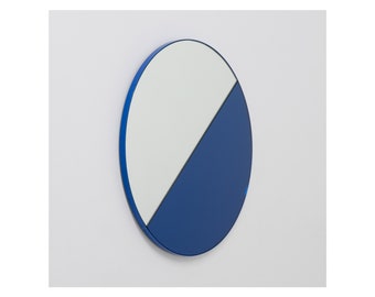 Orbis Dualis™ Mixed Tint (Blue + Silver) Contemporary Round Mirror with Blue Frame - Large, XL