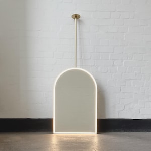 Ceiling Suspended Modern Arcus Arched Illuminated Mirror with Brass Frame and Backing